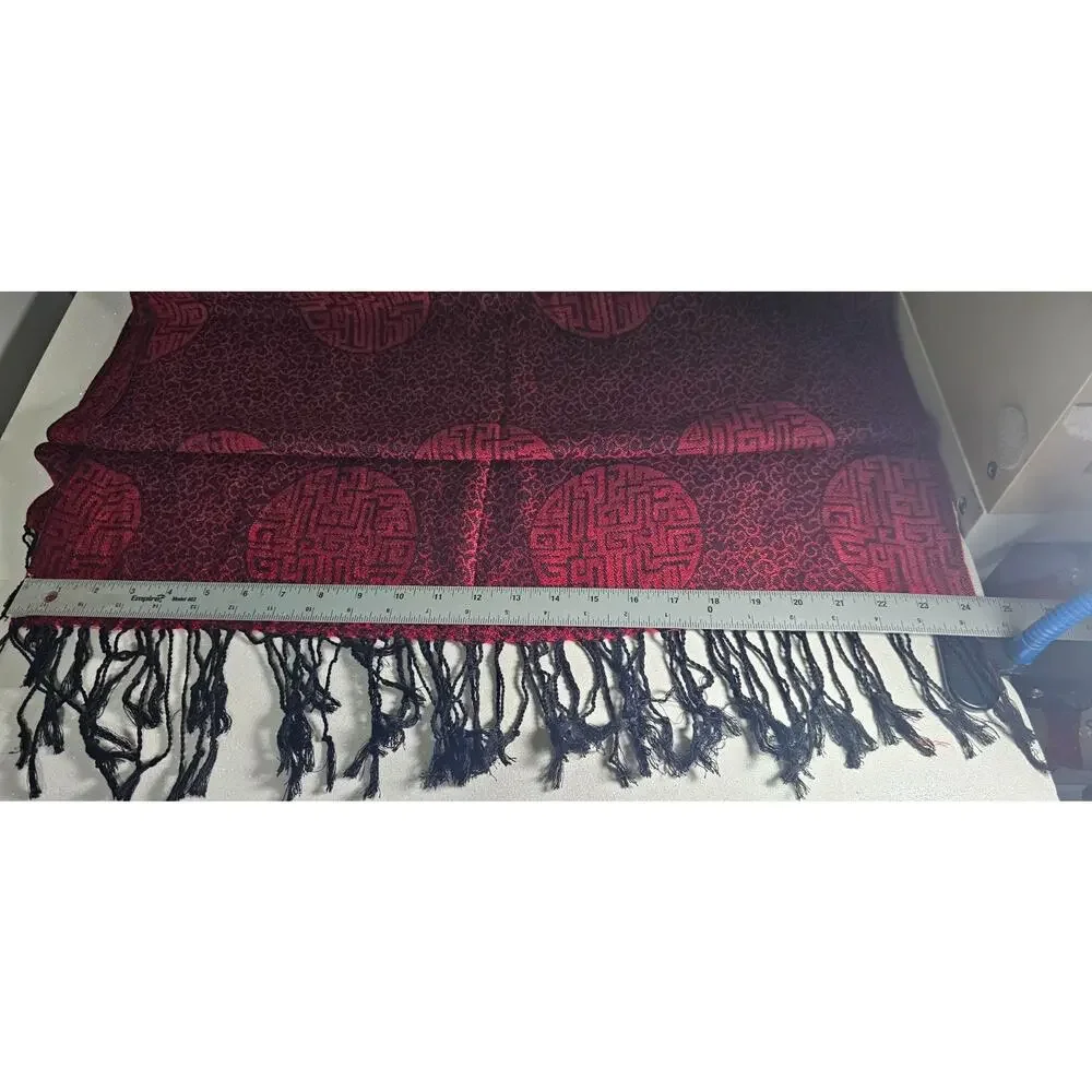 Pashmina Silk Scarf Shawl Red Black Oriental Pattern Fringe Ends